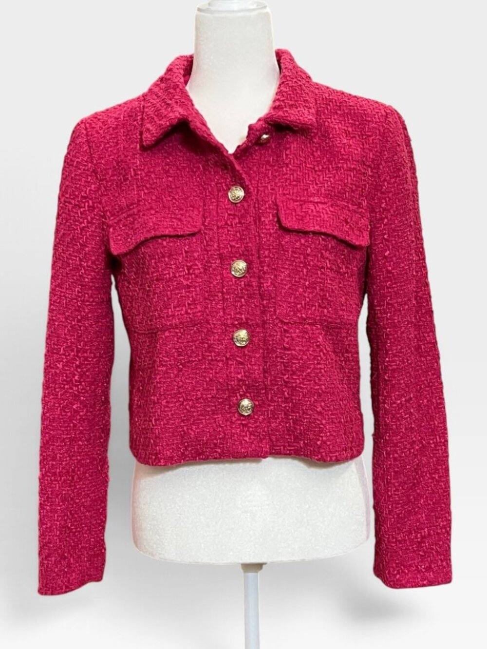 Rachel Zoe Hot Pink Tweed Cropped Jacket Gold Buttons Old Money Preppy S
